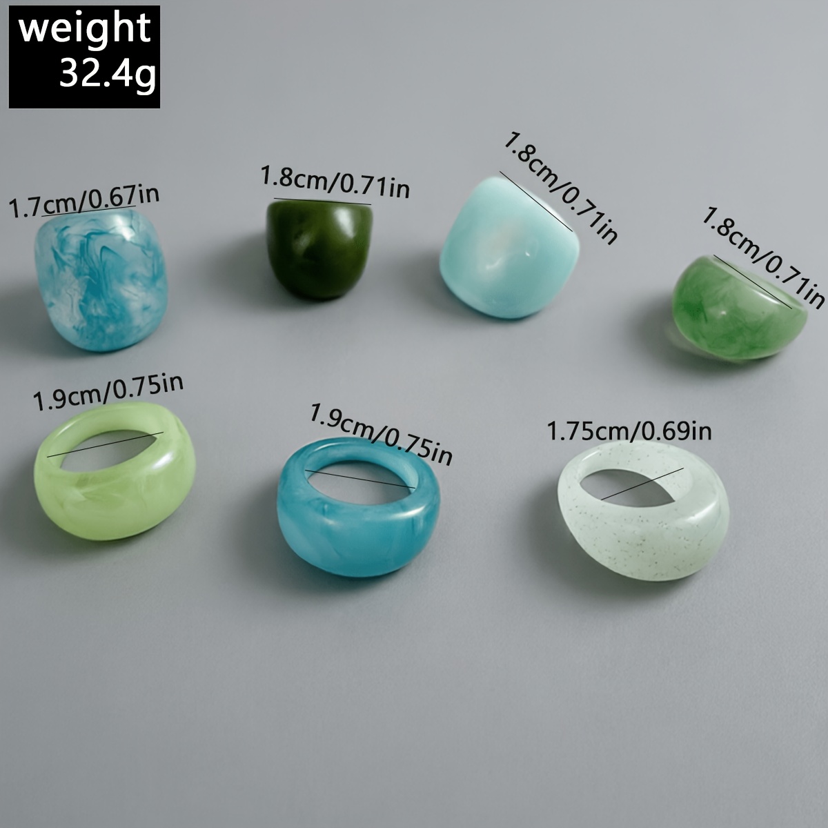 7pc Women's Green & Blue Wide Resin Ring Set, Vacation Style